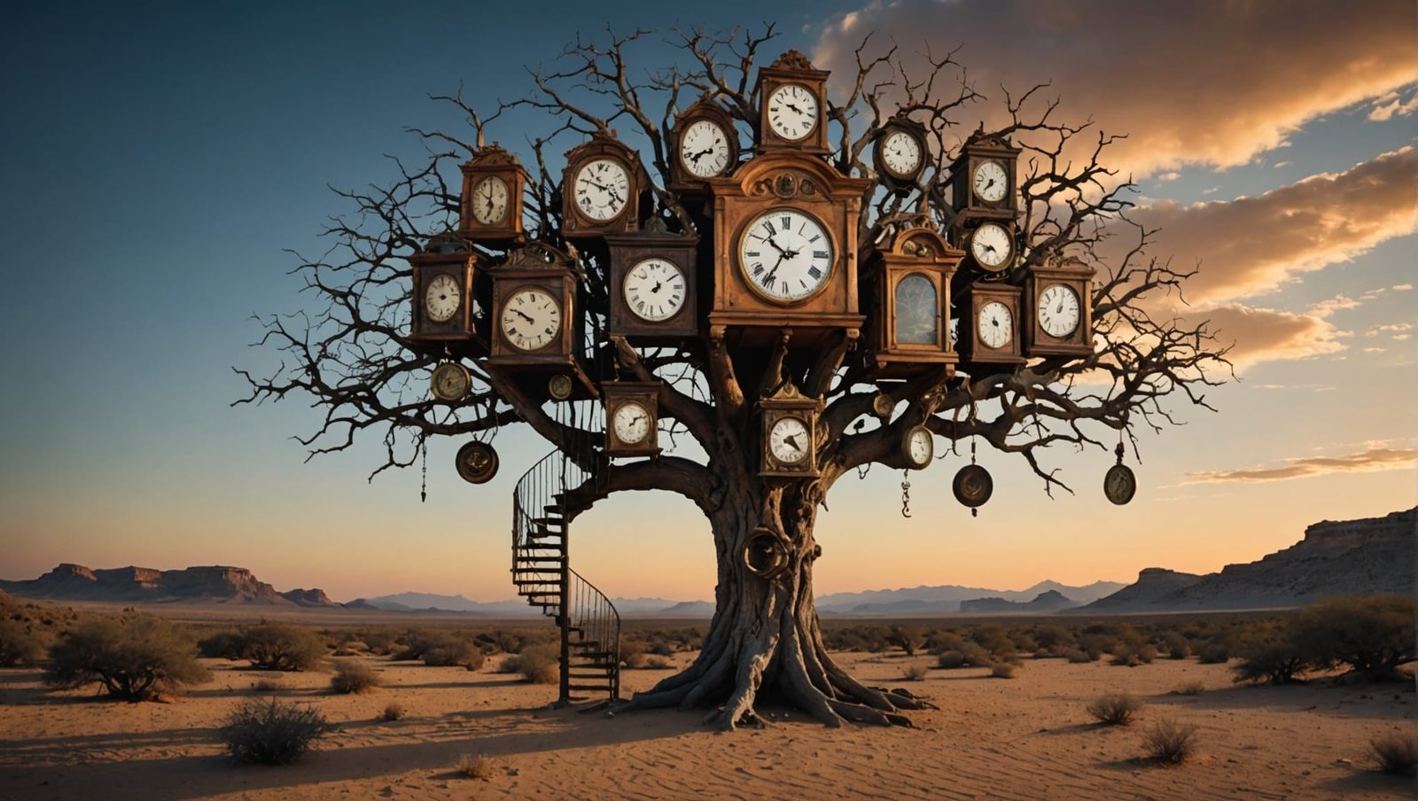 Surreal Desert Tree with Clock Branches