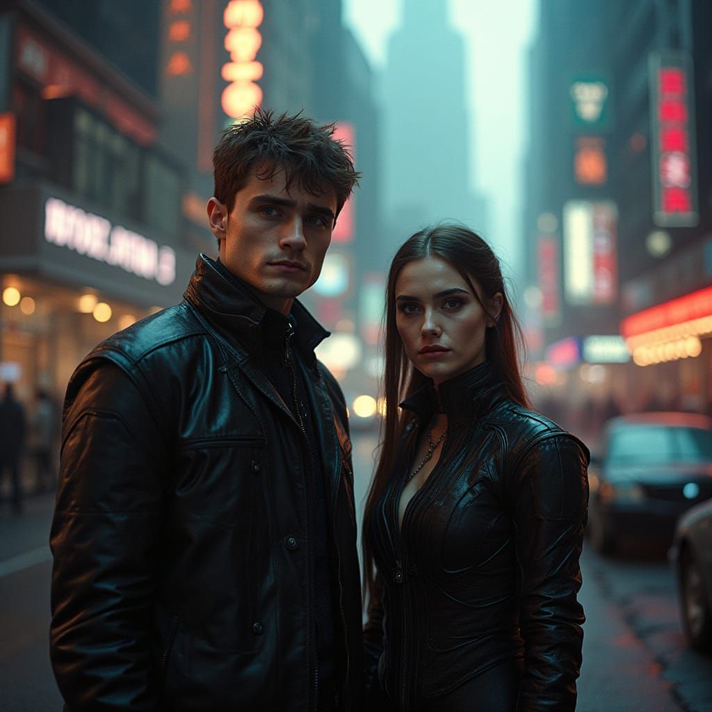 Cyberpunk Film Still Featuring Two Figures