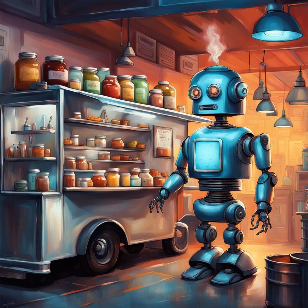 Robot Food Truck with Chef in Hyperrealistic Style