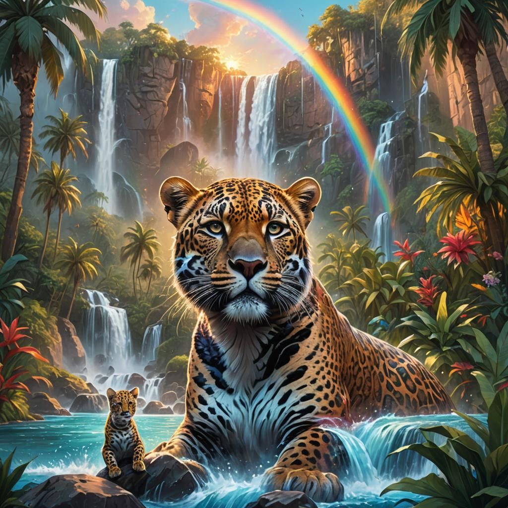 Surreal Waterfall Face in a Crystalline Paradise