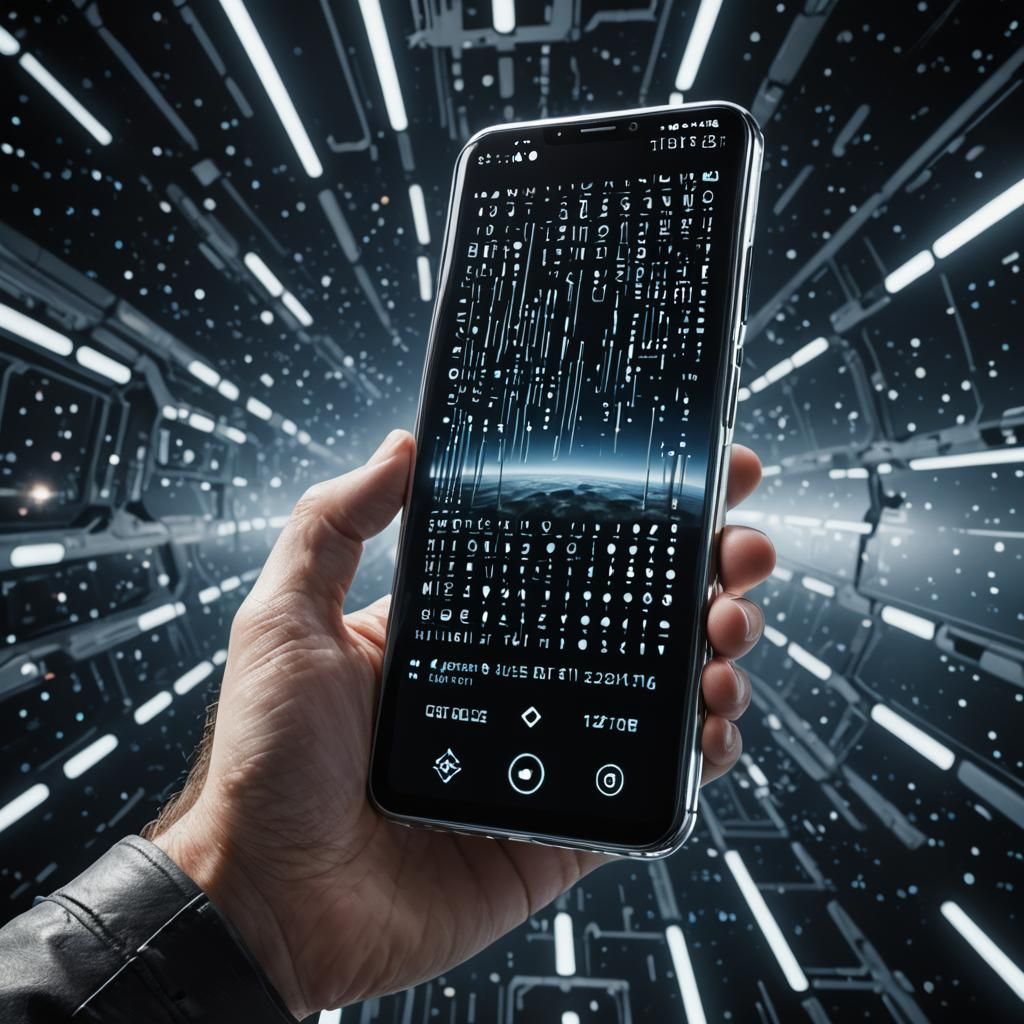 Futuristic Smartphone Floating in Space with Binary Code