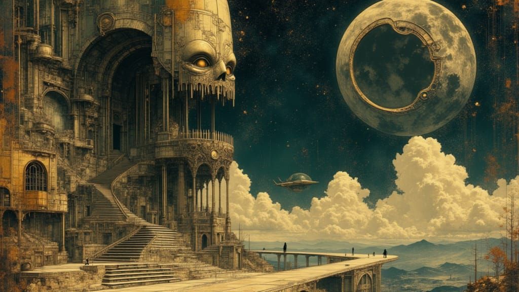 Massive Alien Temple City with Spaceships in Noir Style