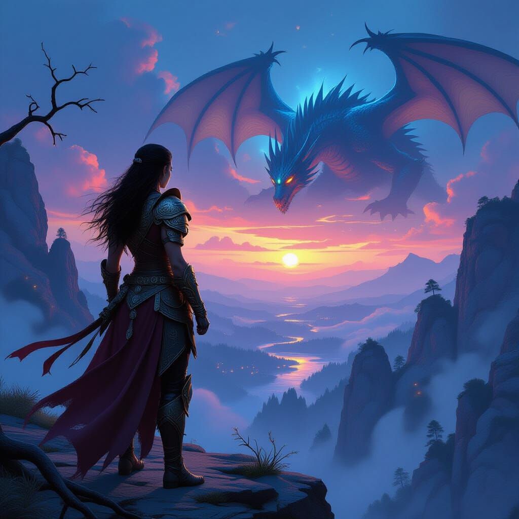 Warrior Woman Faces Slumbering Dragon on Cliff