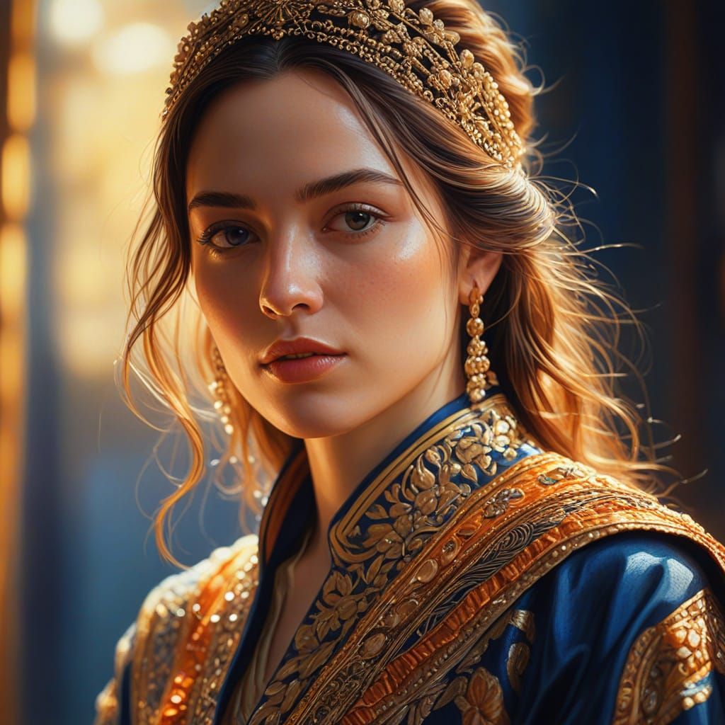 Hyper-Realistic Oil Painting of Woman in Gold Light