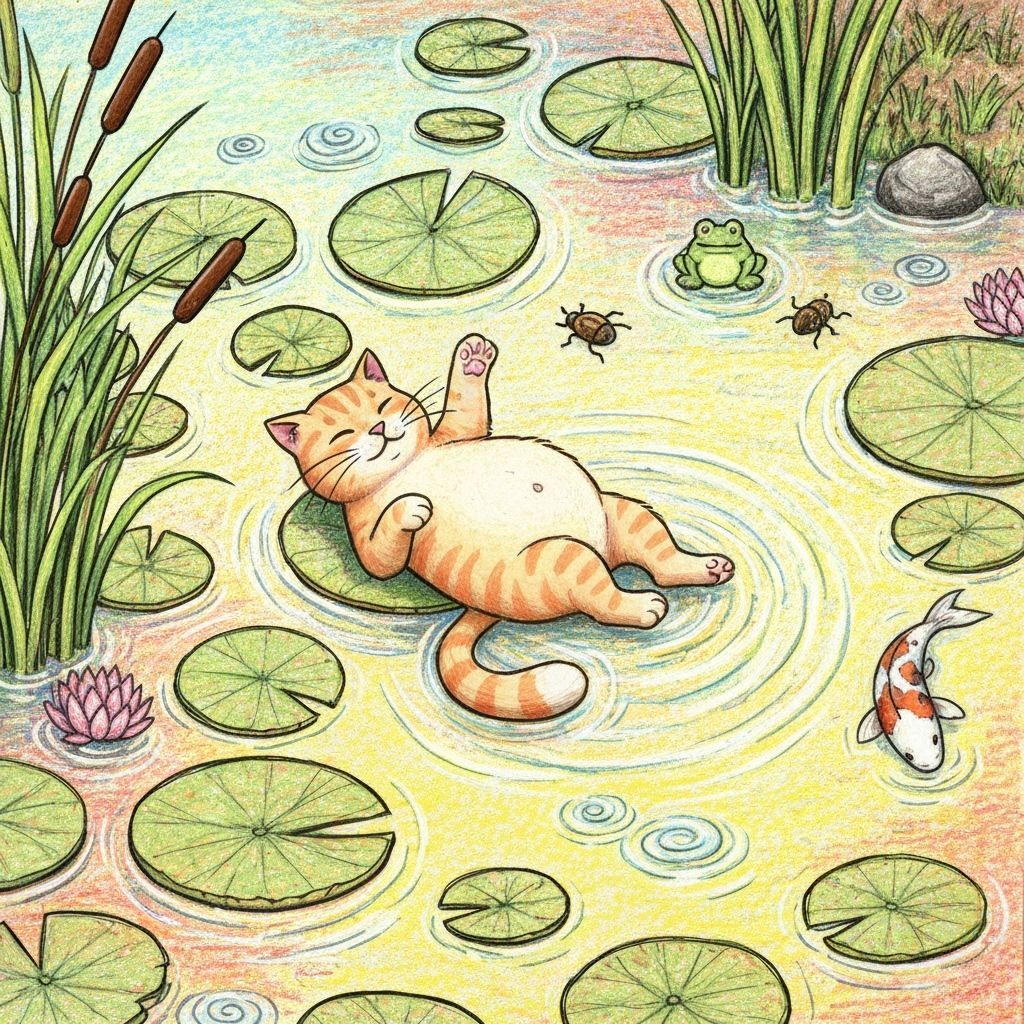 Pastel Cat Lounging in Pond, Crayon Illustration