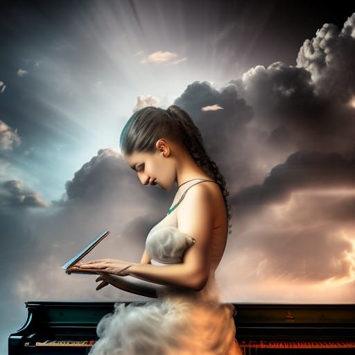 Female Artist Plays Piano in the Clouds