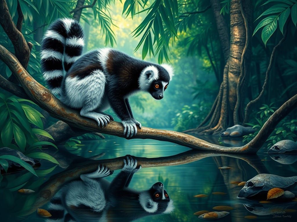 Surreal Jungle Scene of Catta Lemur in Heraldic Art Style