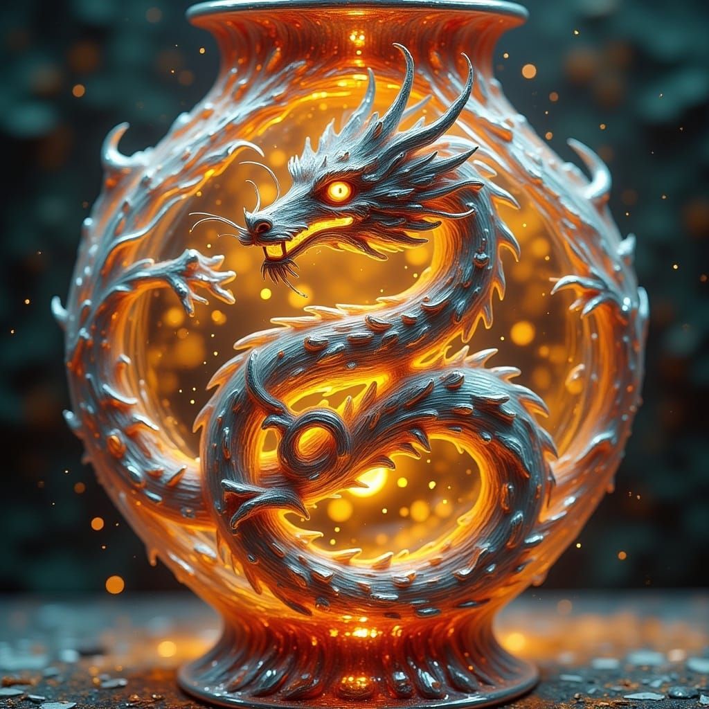 Crystal Dragon Coiled in Ancient Chinese Vase