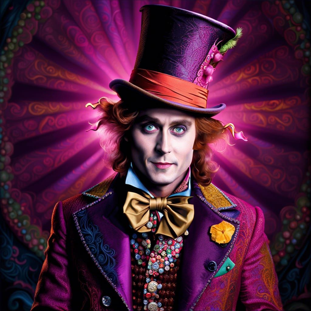Hyperdetailed Willy Wonka Portrait with Mad Hatter Hat