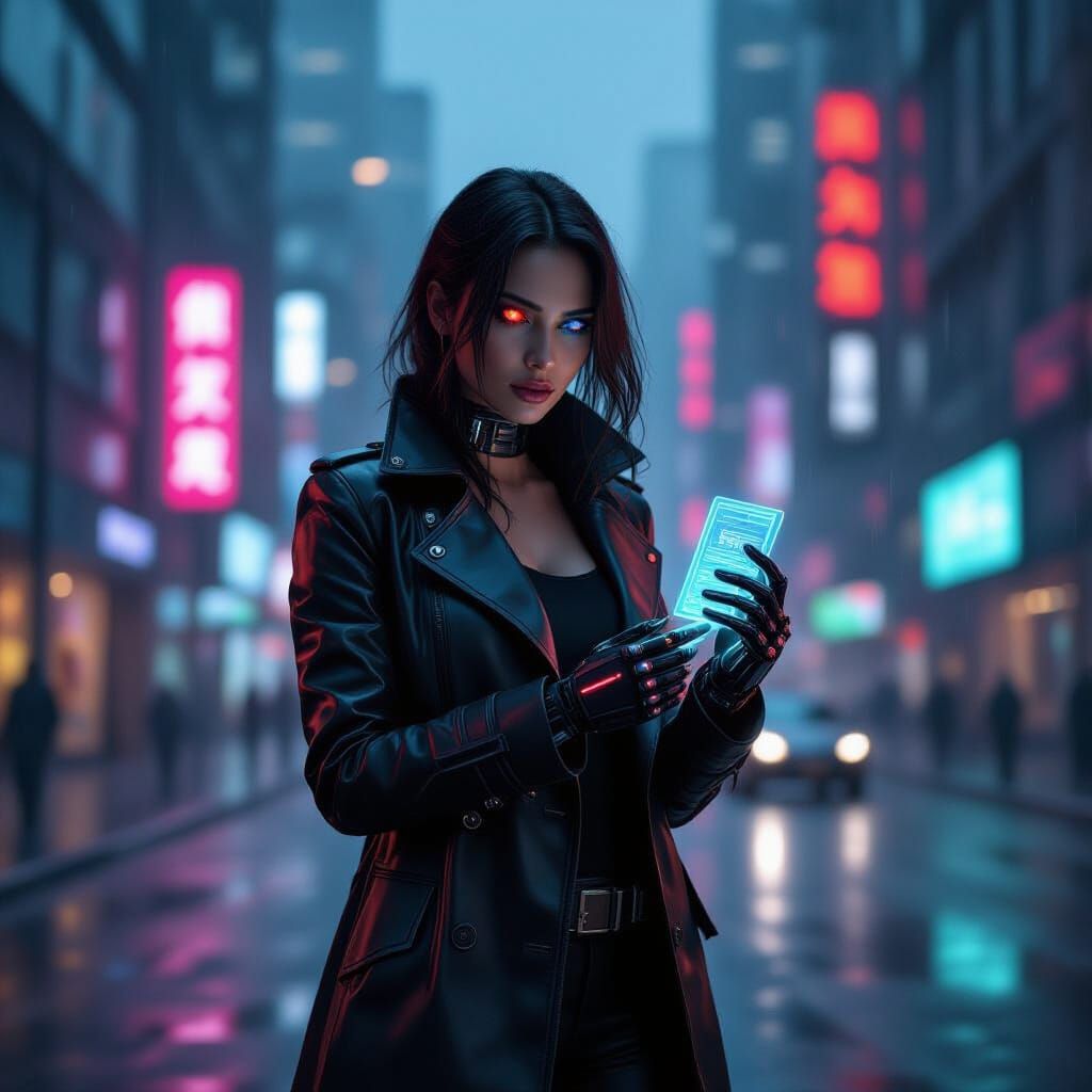 Cybernetic Woman on Neon Street in Hyperrealism