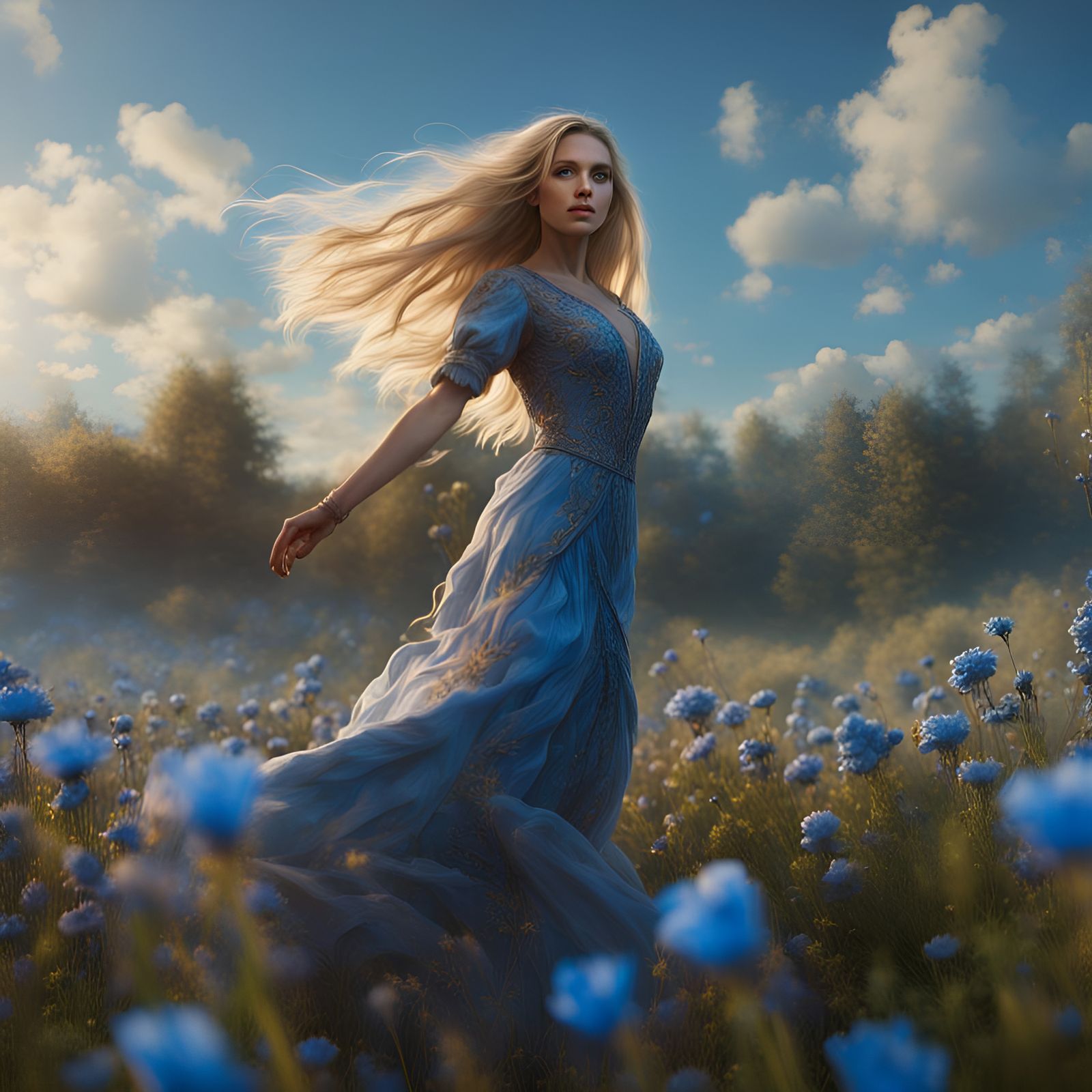 Woman Dancing in Meadow, Golden Age Illustration