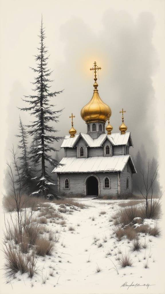 Charcoal Sketch of a Russian Orthodox Church in Alaska