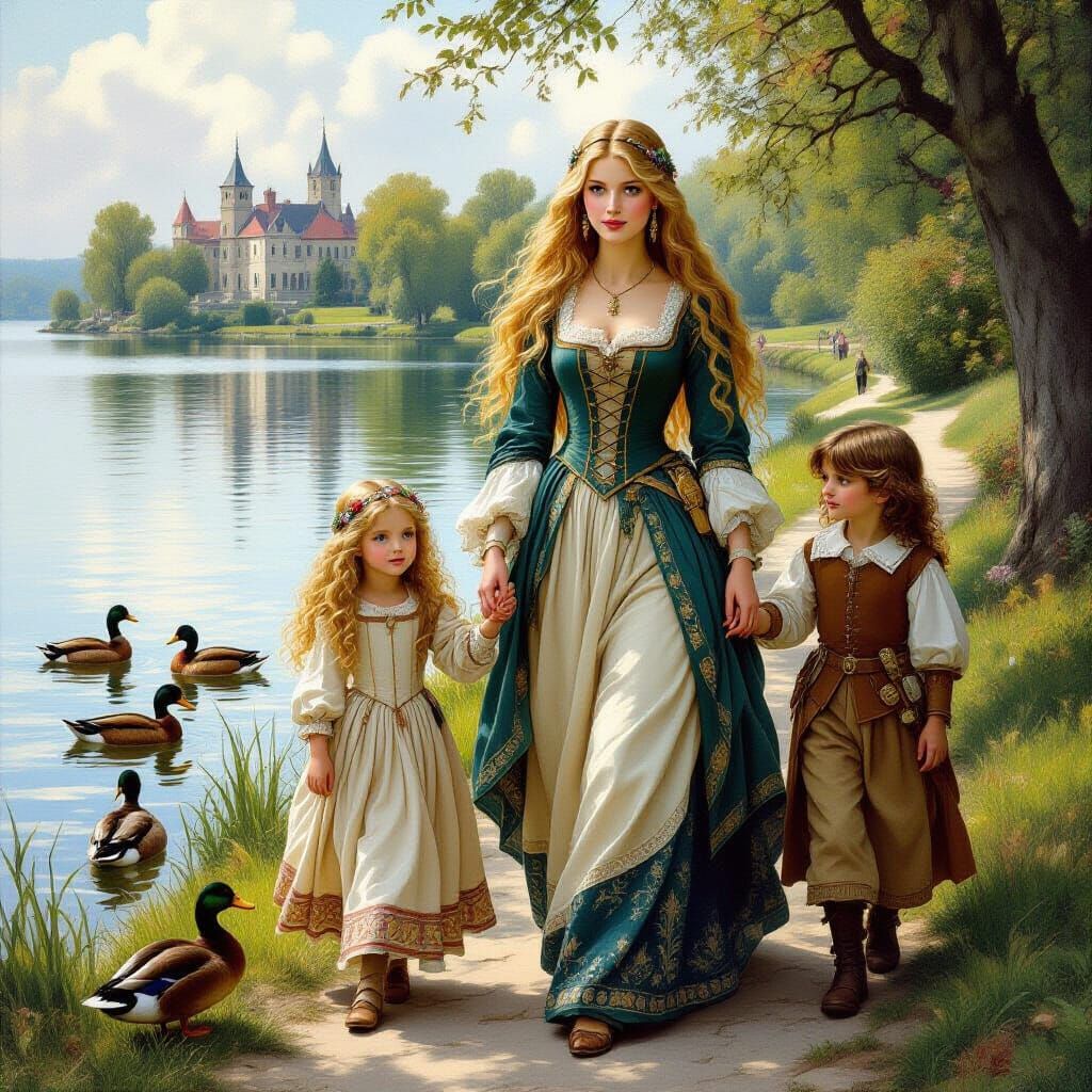 Medieval Family Stroll in Pre-Raphaelite Style