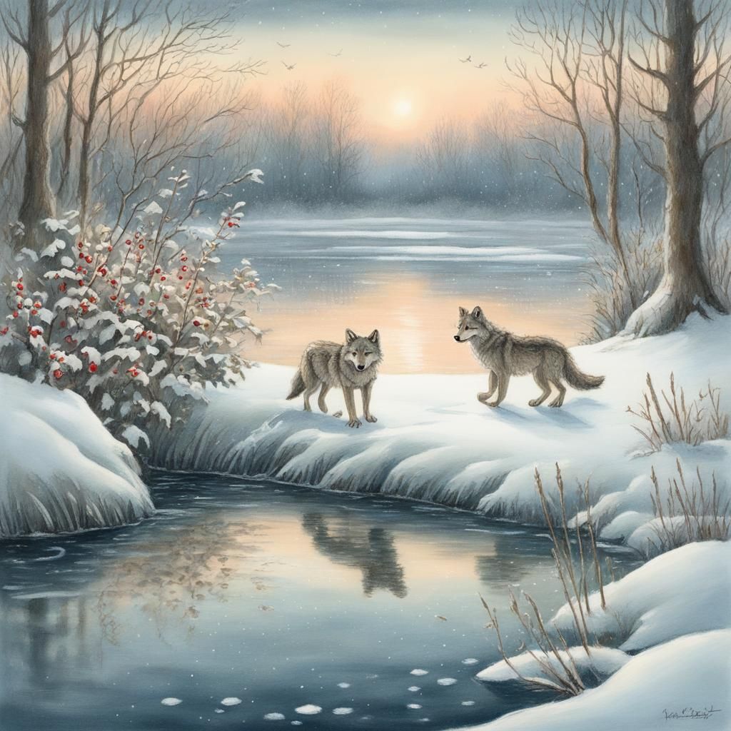 Pastel Wolf Cub Fishing on Frozen Pond