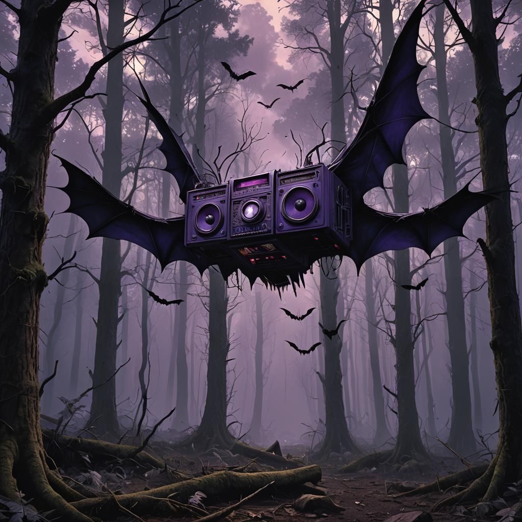 Radio with Bat Wings in Dark Fantasy Forest