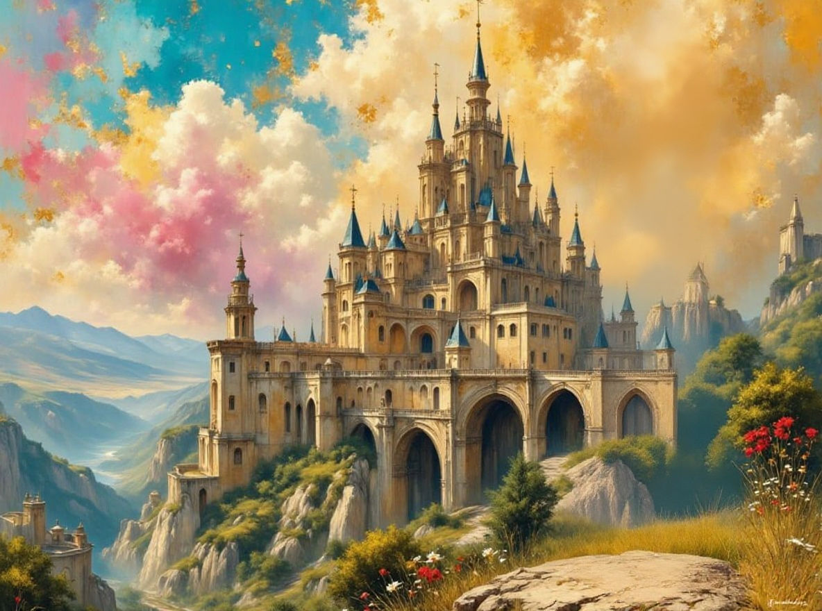 Black Woman Overlooks Magical Castle on Sunny Pink Sky