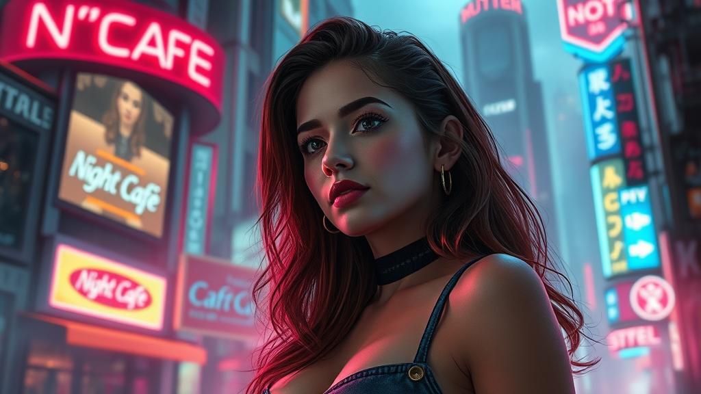 Cyberpunk Woman in Neon Cityscape Advertising NightCafé