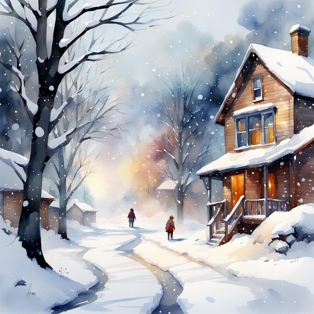 Beautiful Snowfall as Watercolour Painting