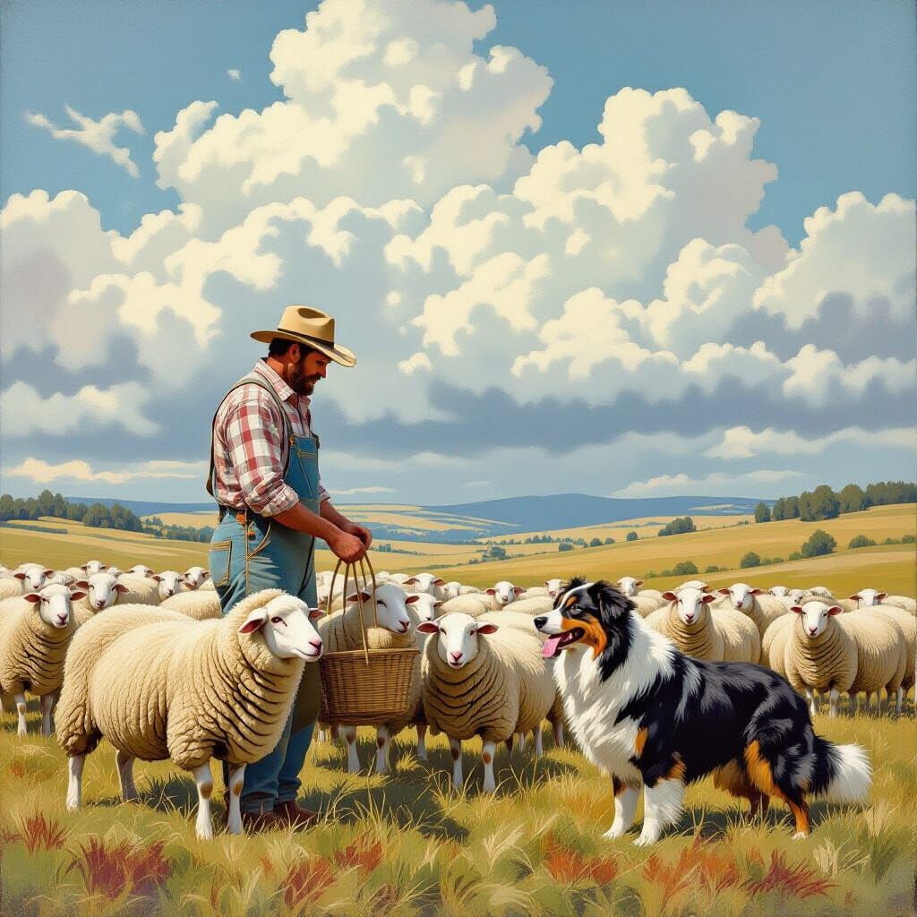 Sheep Farmer in Rolling Countryside, Airbrush Art