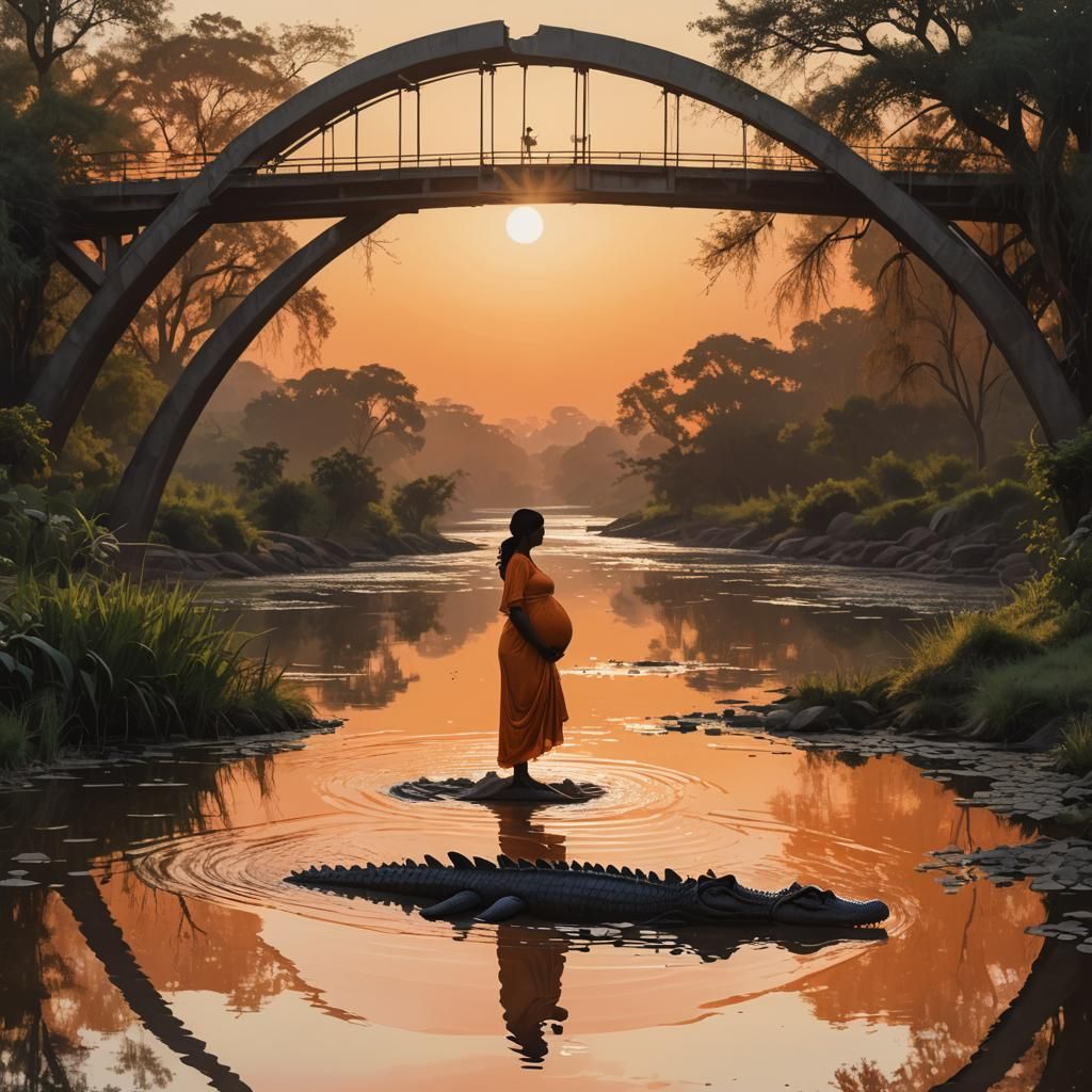 Pregnant Woman Paddling Crocodile: Neo-Cubist Art