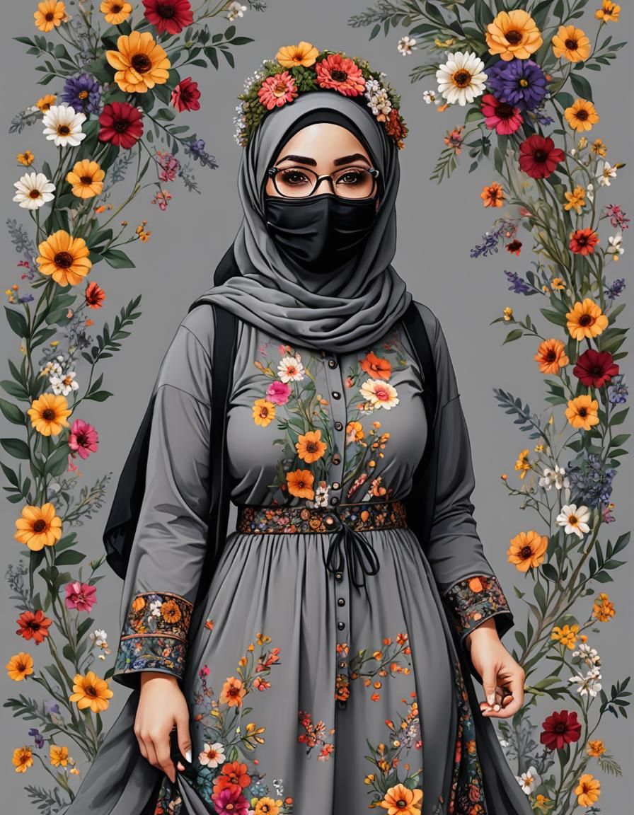 Psychedelic Portrait of Hijabi Woman with Flower Wreath