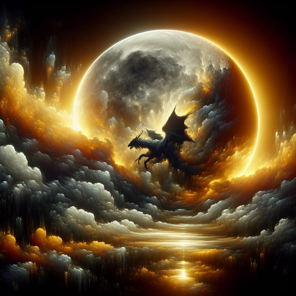 Dragon Silhouette on a Full Moon, Digital Art