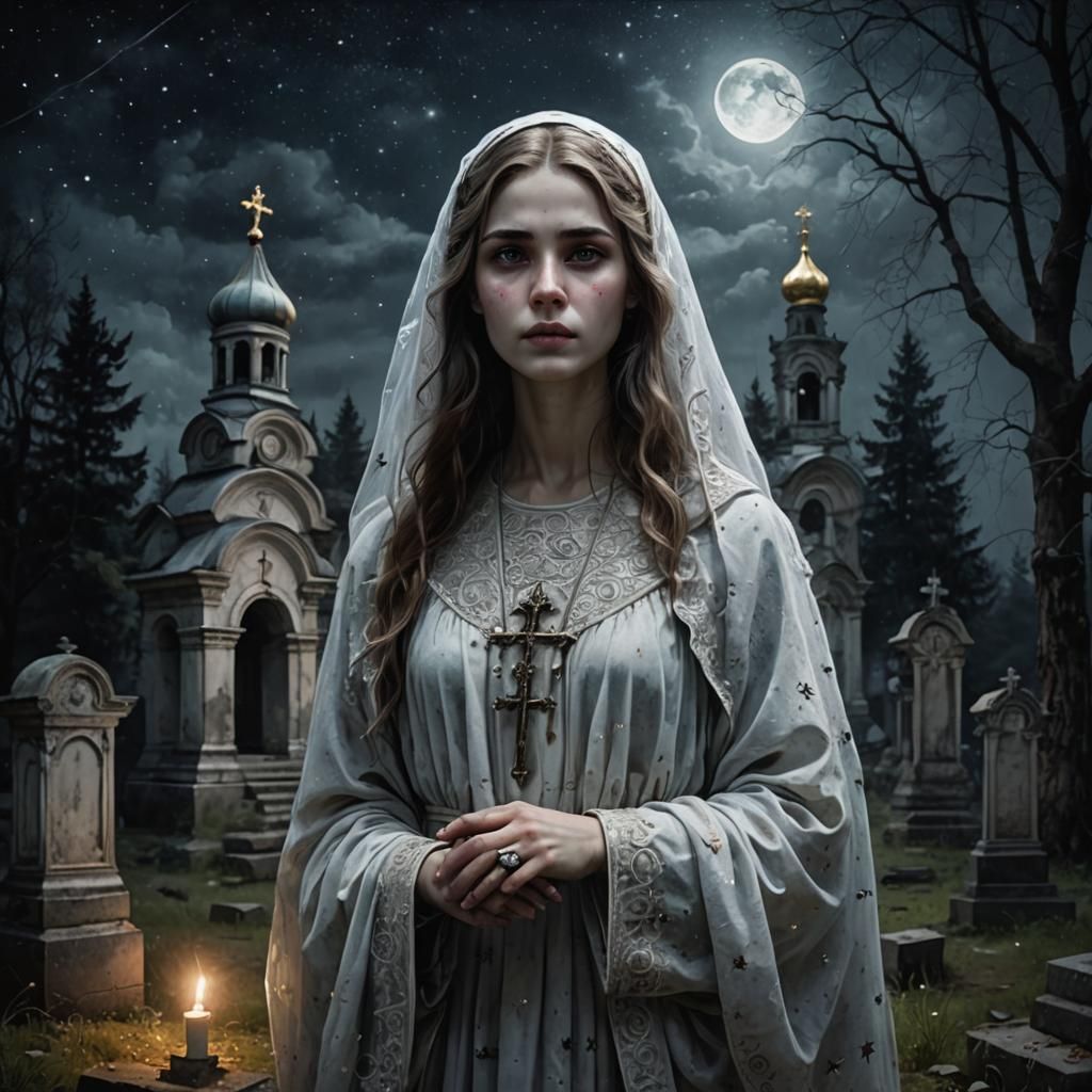 Beautiful Ghost in Russian Cemetery, Realistic Style