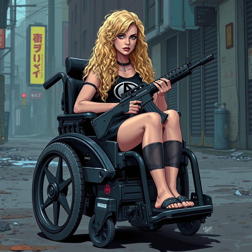 Rebellious Woman in Electric Wheelchair, Anarchy Logo and AK...