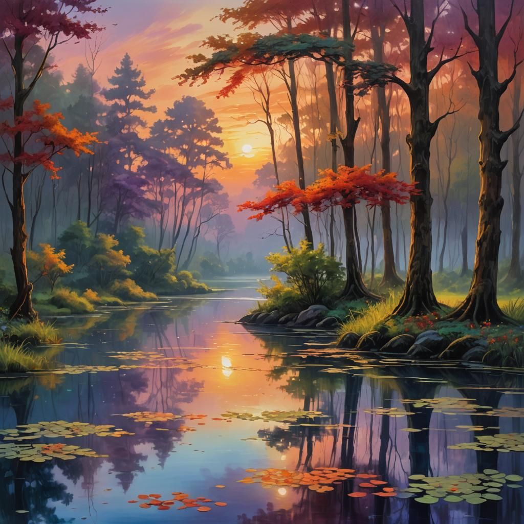 Sunset Pond: Fantasy Art in Triadic Colors