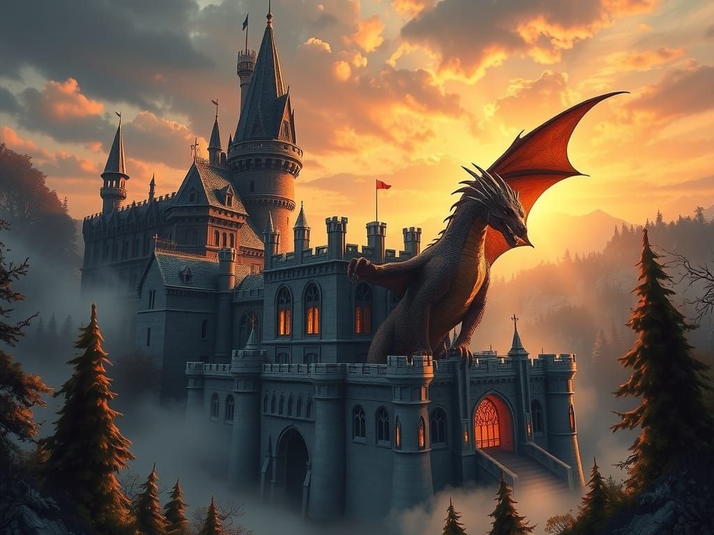 Medieval Fantasy Castle with Dragon Guardian in Sunset Glow