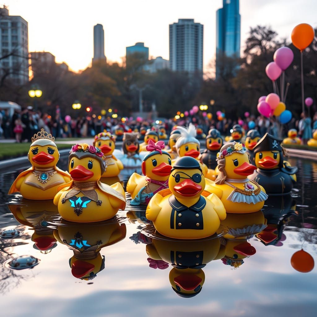 Whimsical Rubber Duck Parade in a Vibrant City Park