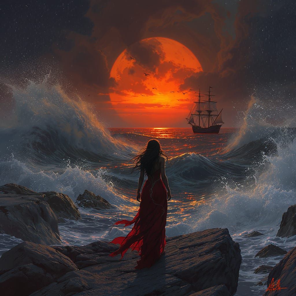 Stormy Silhouette: Woman in Red Dress, Dark Fantasy Aestheti...