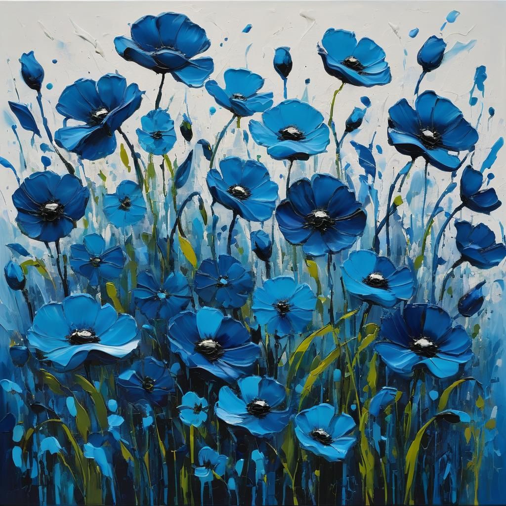 Abstract Blue Poppies in Impasto Style