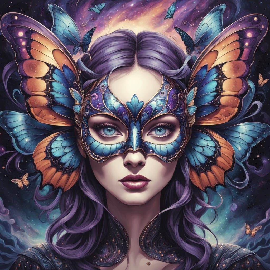 Ethereal Masked Face with Cosmic Butterfly Wings and Zipper