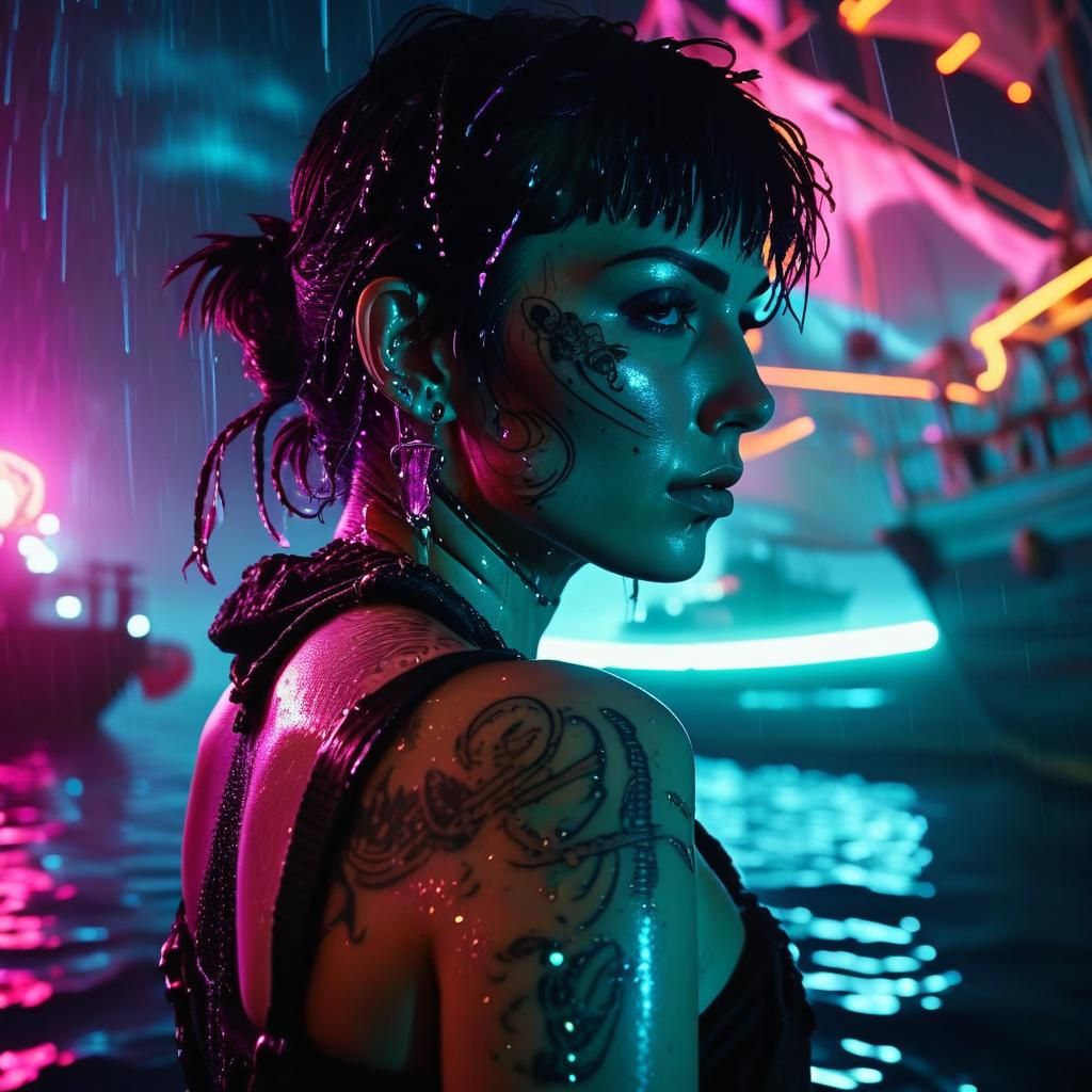 Cyberpunk Sailor on Pirate Ship in Neon Light