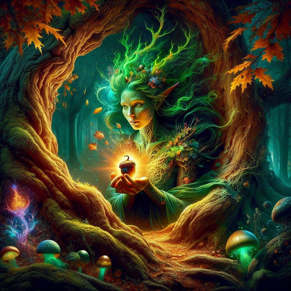 ethereal dryad emerges from an ancient oak, her skin like ba...