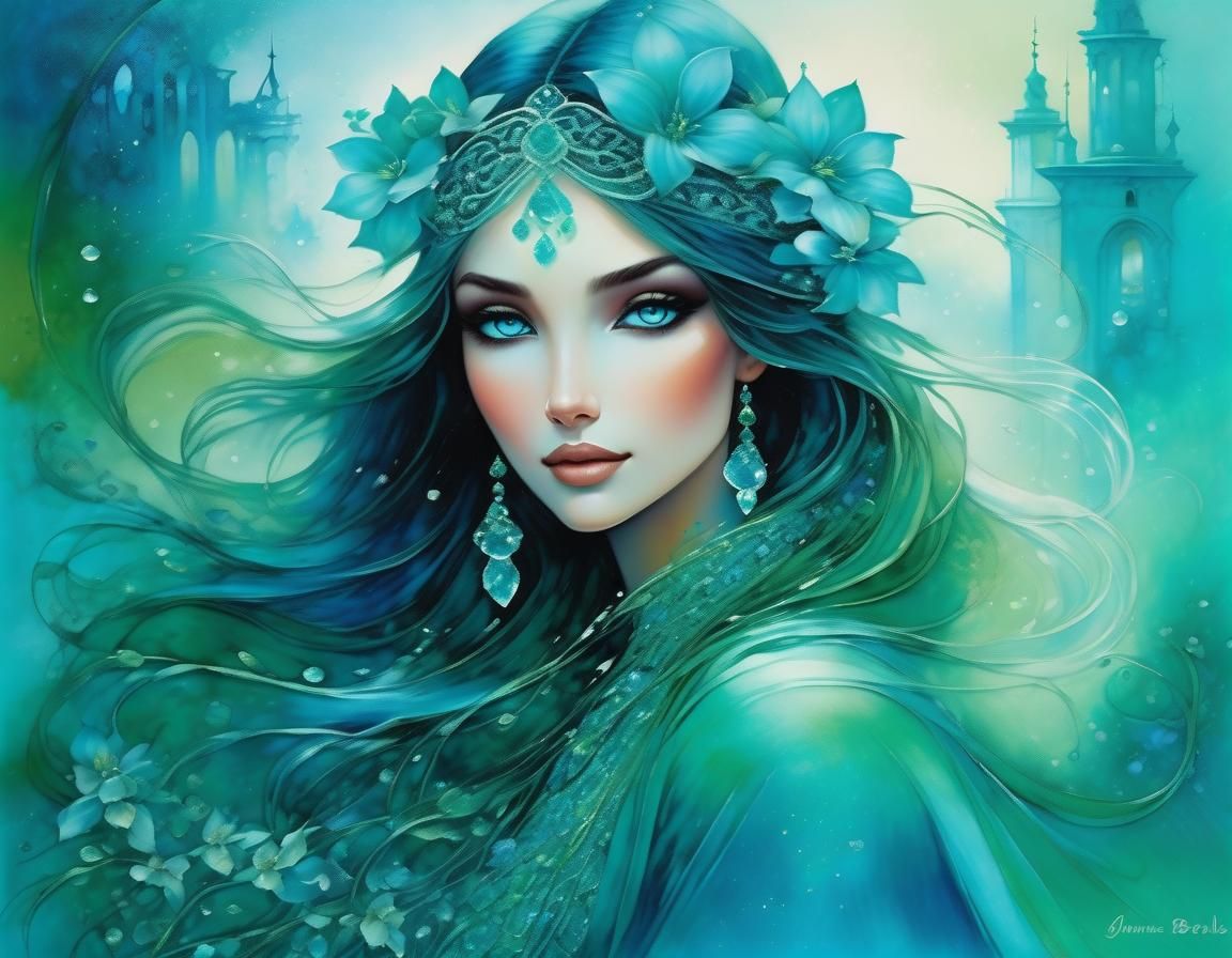 Dreamy Woman in Blue-Green: Digital Art