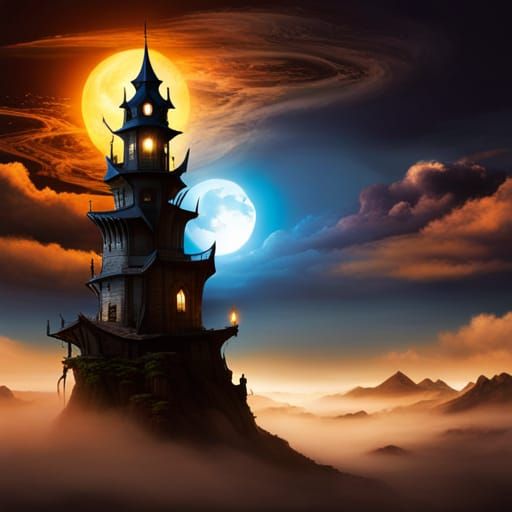 Floating Island Sorcerer's Tower with Dragon