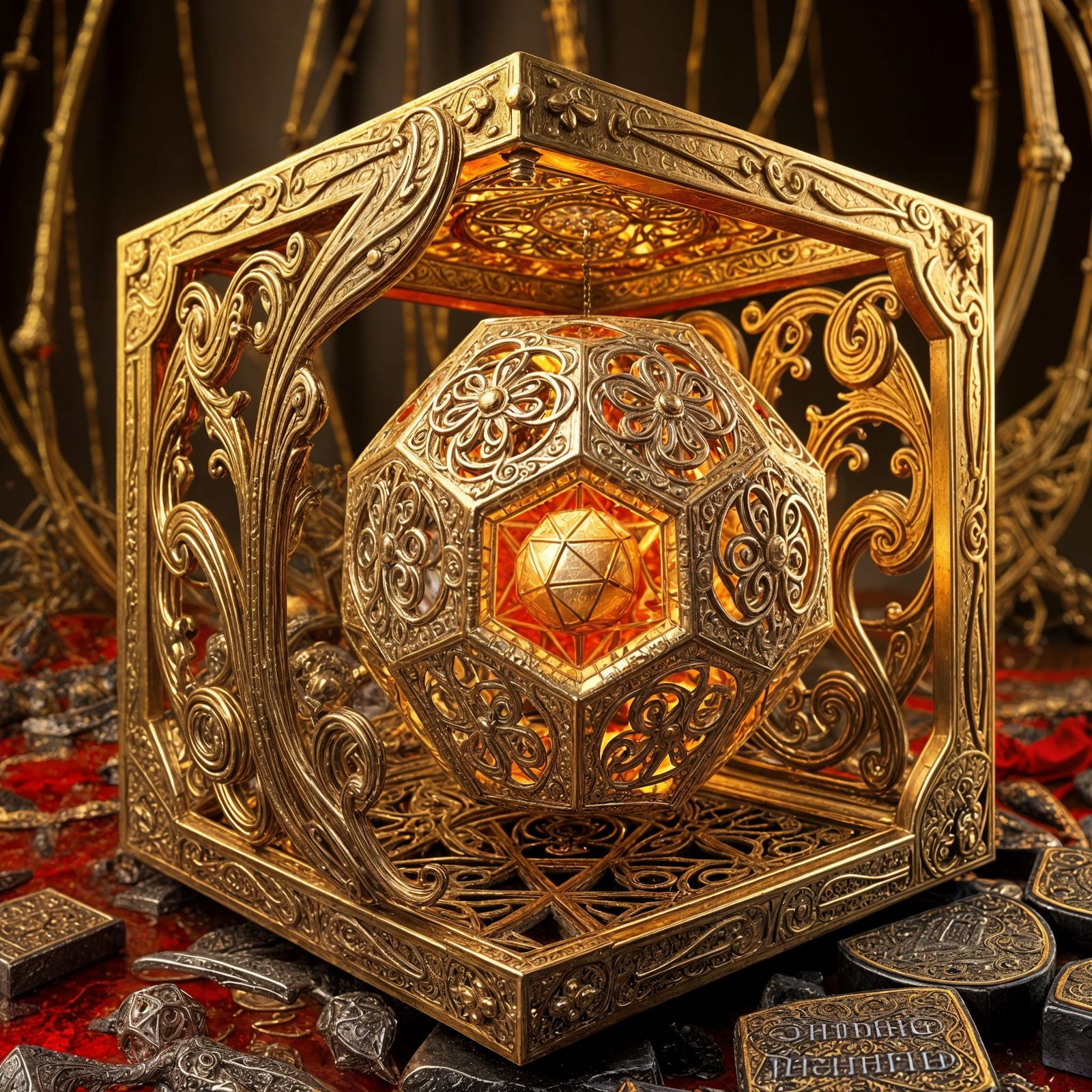 Golden Cube Encloses Glowing Octahedron in Hyperrealistic Sc...