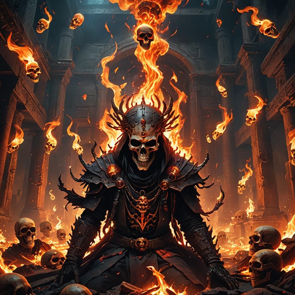 Necromancer Summons Fire Skulls in Abandoned Temple