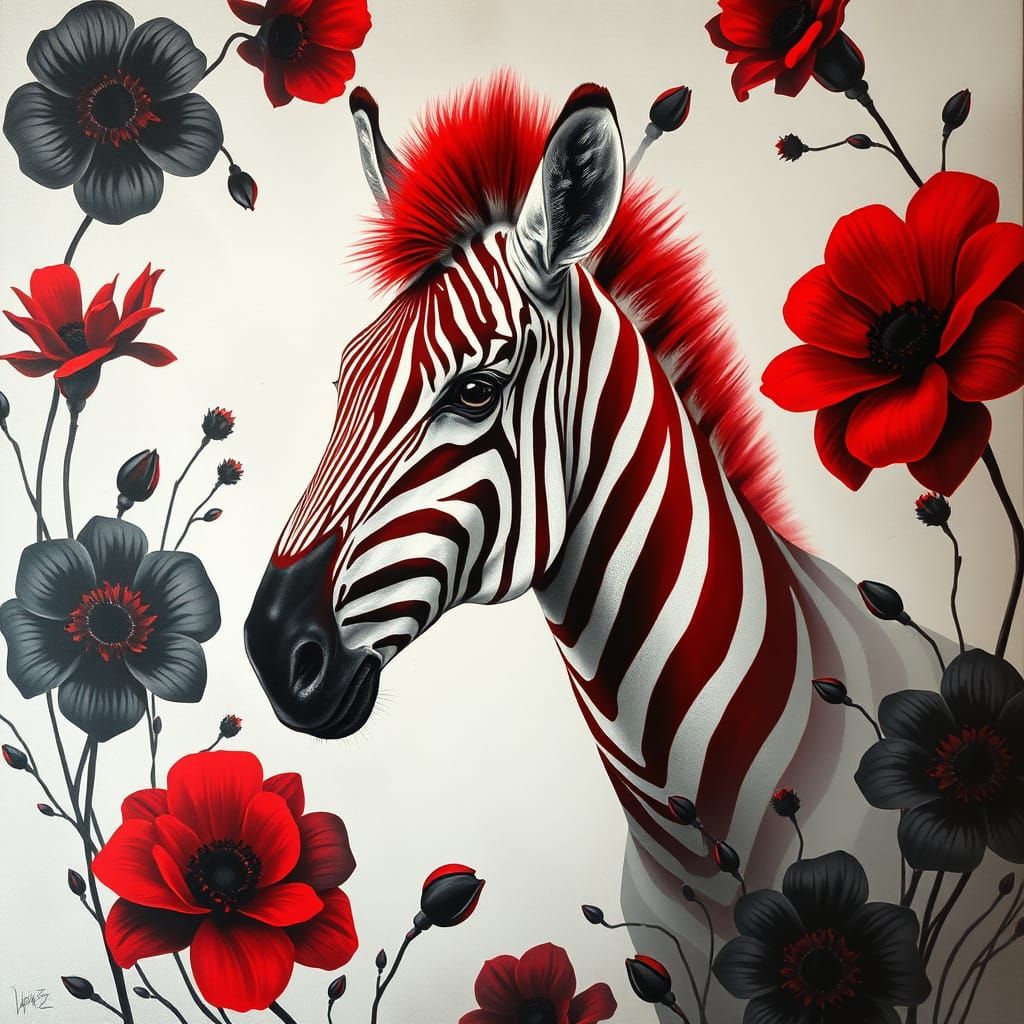 Surrealist Masterpiece: Red Zebra in a Futuristic Floral Lan...