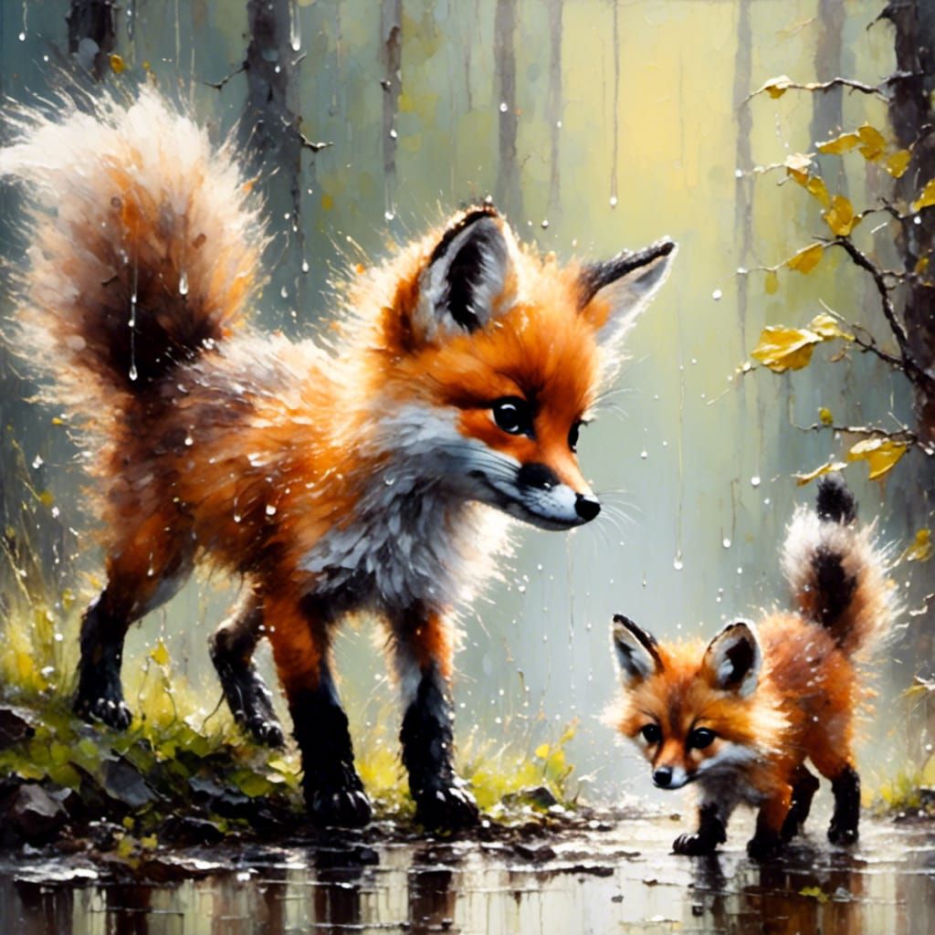 Fox with her Baby in the Rain