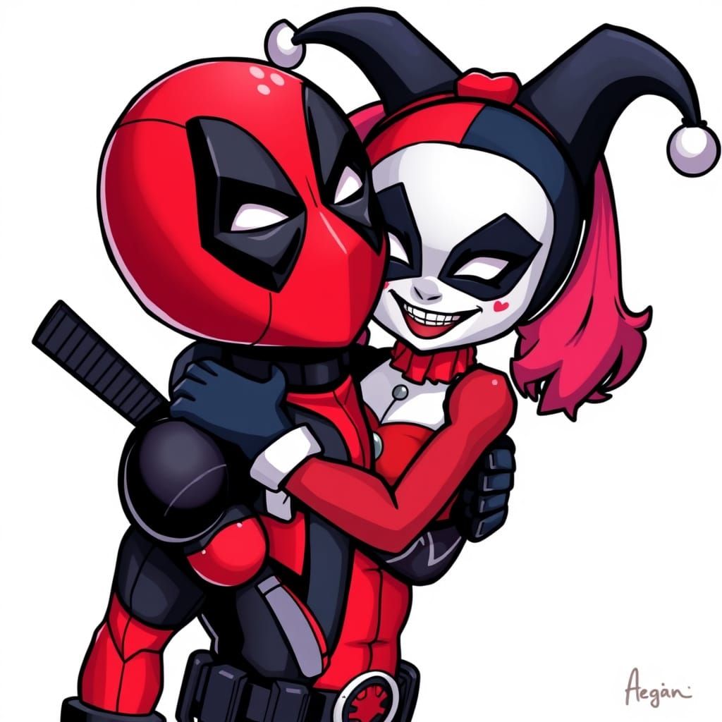 Deadpool and Harley Quinn Hug: Chibi Style