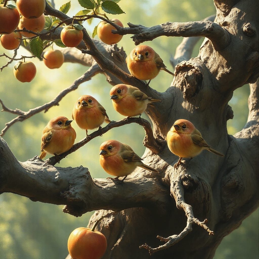 Whimsical Birds Disguised as Apples on Ancient Tree