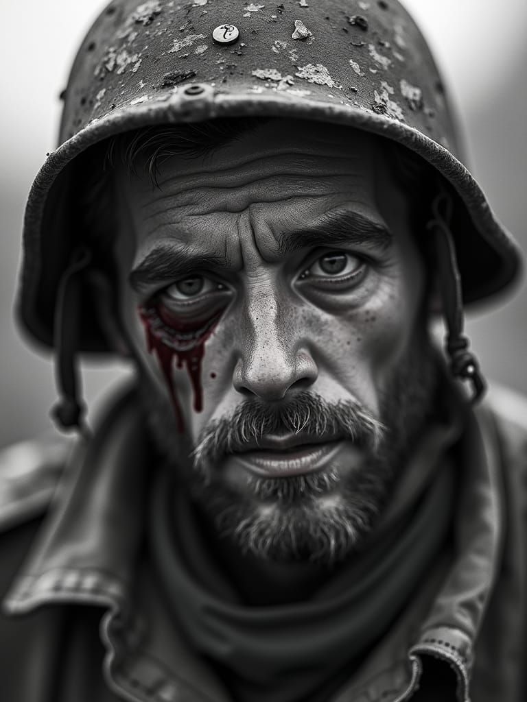 Wounded Soldier Portrait in Grayscale