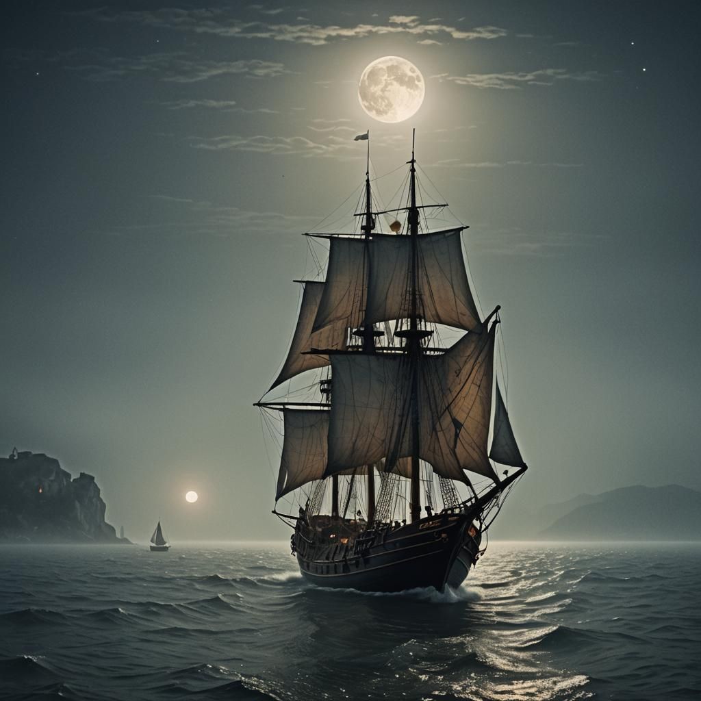 Eerie Moonlight Sailboat on Foggy Sea