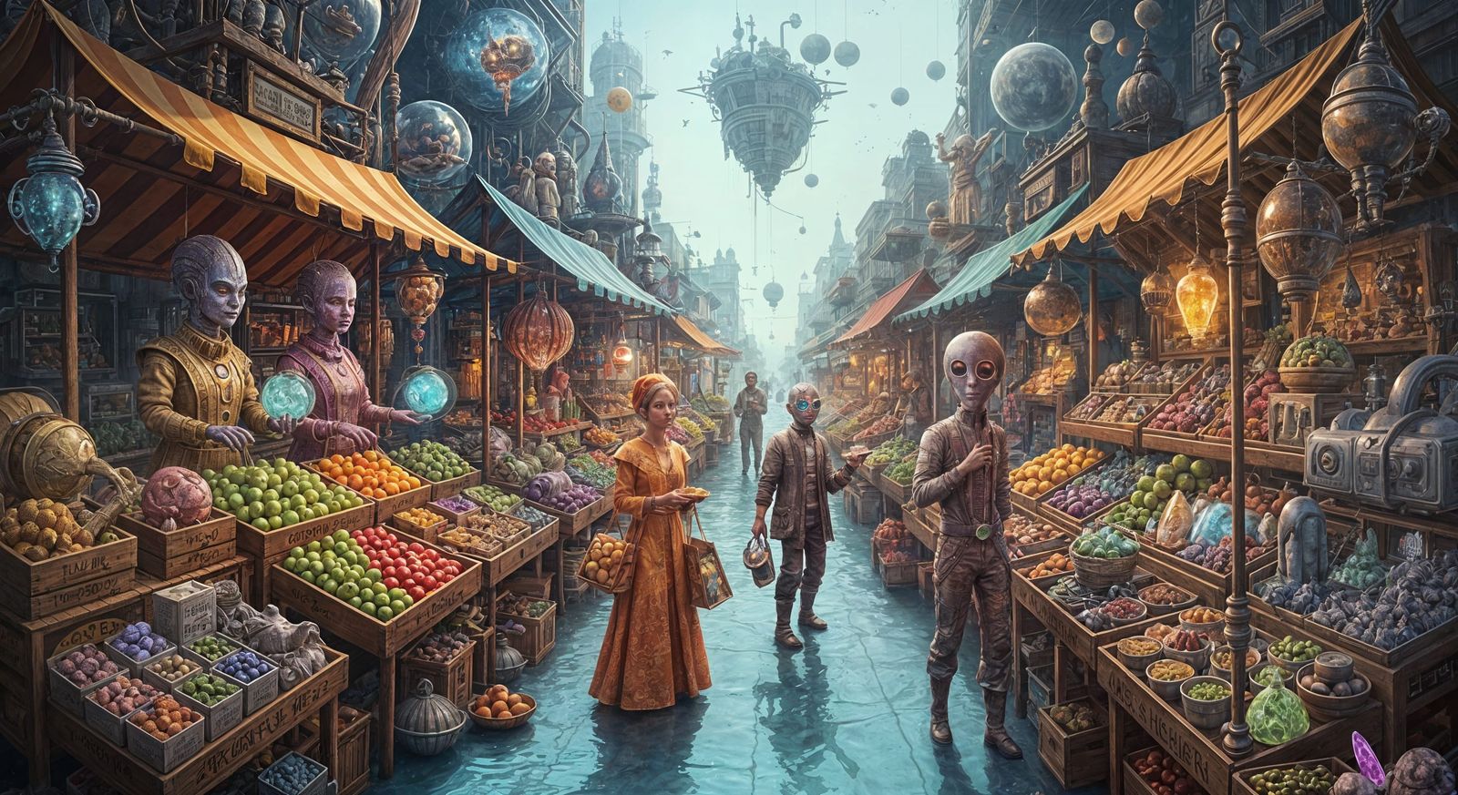 Floating Alien Bazaar in Zero Gravity