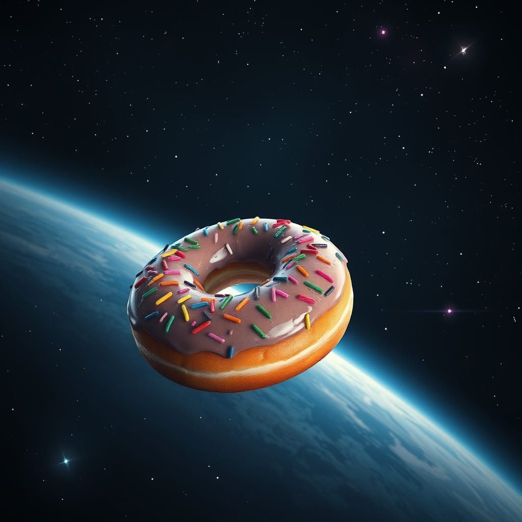 Photorealistic Space Donut Soaring Through Starry Sky