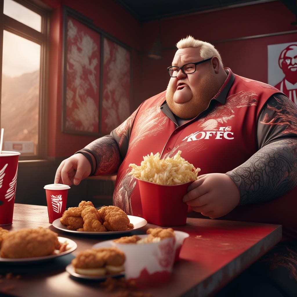 A Fat Man Enjoying KFC: Detailed Digital Painting