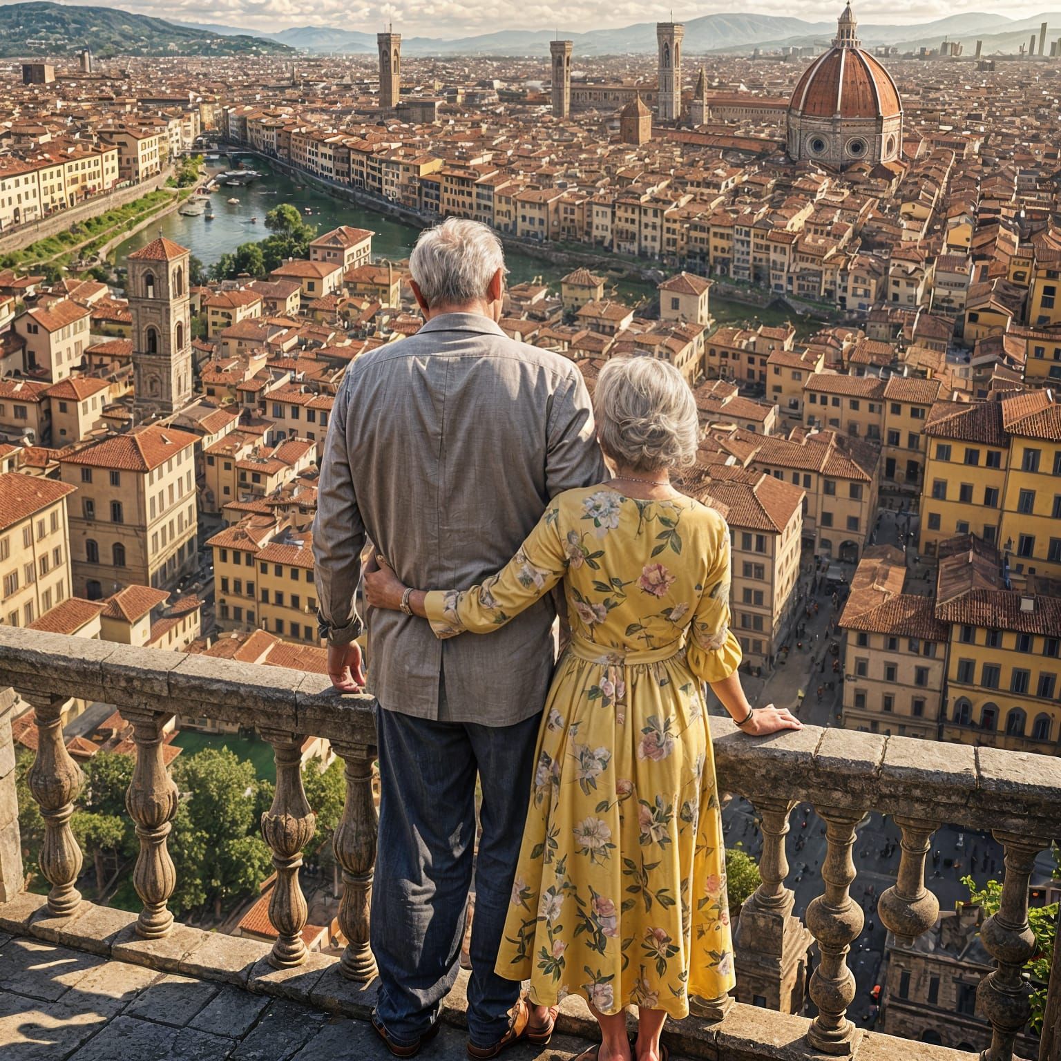 Elderly Couple Overlooking Florence: Detailed Matte Painting